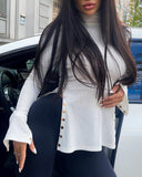 Elegant White High Neck Split Long Sleeve Tight Top