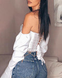 Solid Color Slim One-Shoulder Open Back Long Sleeve Top