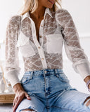 White Sexy Lace Long Sleeve Solid Color Shirt