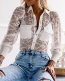 White Sexy Lace Long Sleeve Solid Color Shirt