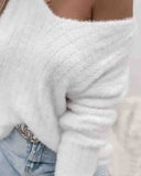 Solid Color Women'S White Long-Sleeved Sweater