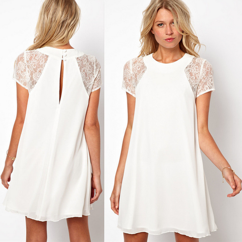 Sweet white chiffon short-sleeved dress