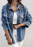 Women Nail Bead Contrasting Denim Long Sleeved Jacket