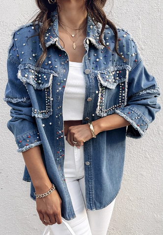 Women Nail Bead Contrasting Denim Long Sleeved Jacket