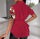 Elegant Red Contrast Print Short Sleeve Top