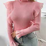 Women'S Fashion Long Sleeves Ruffled Pink Top