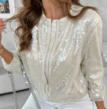 Elegant Women'S Pearl Zipper Long Sleeved Top