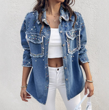 Women Nail Bead Contrasting Denim Long Sleeved Jacket