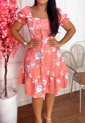 Temperament Floral Print Breasted Patchwork Dress