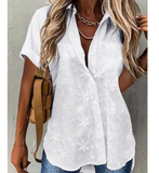 White Lace Jacquard Short Sleeved Casual Shirt