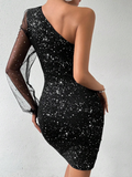Women'S Shoulder Collar Sequin Mesh Long Sleeved Dress