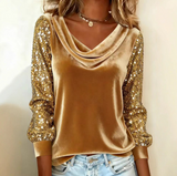 Solid Color Fashion Sequin Spliced Long Sleeved T-Shirt Top