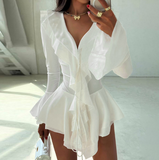 Women'S Fashion Solid Color V-Neck Temperament Ruffle Edge Dress