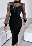 Women'S Fashion Mesh Nail Bead Long Sleeved Hip Hugging Dress
