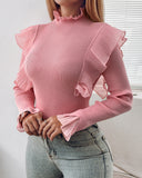 Women'S Fashion Long Sleeves Ruffled Pink Top