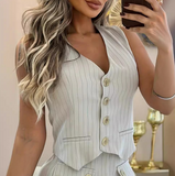 Elegant Women'S Beige Striped Sleeveless Two Piece Set