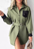 Women'S Splicing Green Long Sleeved Dress