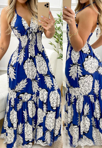 Fashion Women's Blue Sleeveless Pineapple Dress