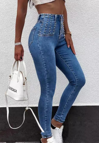 Fashion Bead Button Tight Jeans