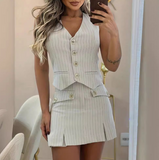 Elegant Women'S Beige Striped Sleeveless Two Piece Set