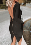 Black Zipper Design Long Sleeved Backless Tight Dress