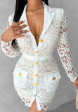 Solid Color Women'S Lace Long Sleeves Button Dress