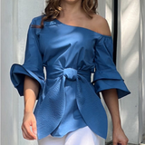 Fashion Casual Blue Off Shoulder Long Sleeved Top
