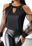 Temperament Nail Bead V-Neck Off Shoulder Long Sleeved Top