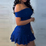 Elegant Deep Blue Shimmering Ruffle Edge Dress