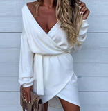 White Long Sleeved V-Neck Off Shoulder Wrapped Dress