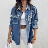 Women Nail Bead Contrasting Denim Long Sleeved Jacket