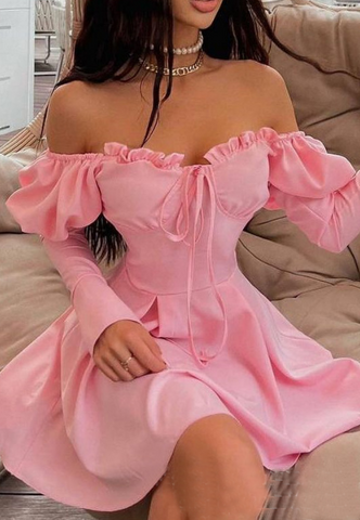 Long Sleeved Fashion Sexy Pink Off Shoulder Dress