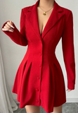 Women'S Button Red V-Neck Long Sleeved Dress