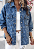 Women'S Retro Heart-Shaped Jacquard Casual Denim Jacket