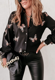 Elegant Temperament Butterfly Long Sleeve Black Shirt