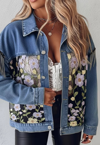Embroidered Floral Lace Patchwork Blue Denim Jacket