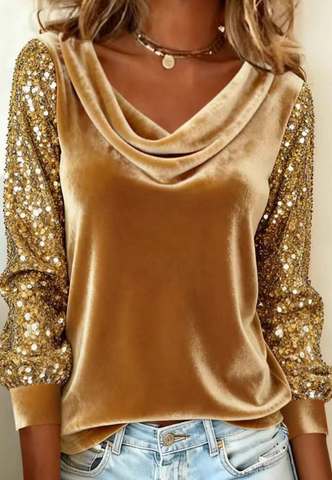 Solid Color Fashion Sequin Spliced Long Sleeved T-Shirt Top