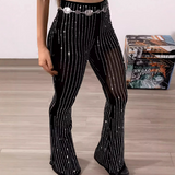 Black Sexy Mesh Rhinestone Design High Waisted Tight Flared Pants