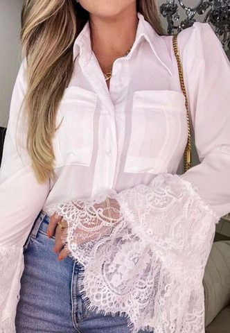 Pocket Lace Patchwork Flared Sleeve Shirt