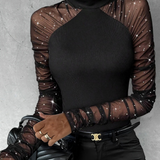 Solid Color Mesh Splicing Long Sleeved Tops