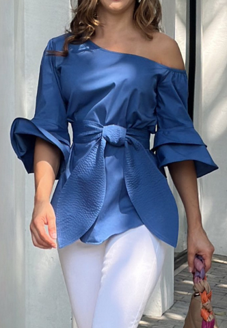 Fashion Casual Blue Off Shoulder Long Sleeved Top