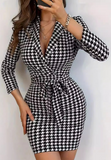 Casual And Elegant Temperament V-Neck Houndstooth Long Sleeved Dress