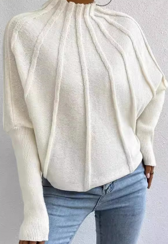 High Neck Solid Color Long Sleeved Knitted Bat Sleeve Sweater