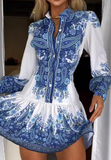 Fashion Long Sleeved Blue Printed Dress