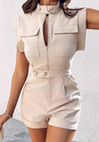 Solid Color Zipper Sleeveless Pocket Design Jumpsuit
