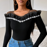 Long Sleeved Fashion Nail Bead Lace T-Shirt