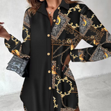 Chain Long Sleeve Printed Button Splicing Dress