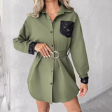 Women'S Splicing Green Long Sleeved Dress