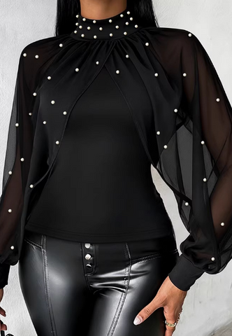 Elegant Temperament Black Chiffon Splicing Tops