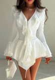 Women'S Fashion Solid Color V-Neck Temperament Ruffle Edge Dress